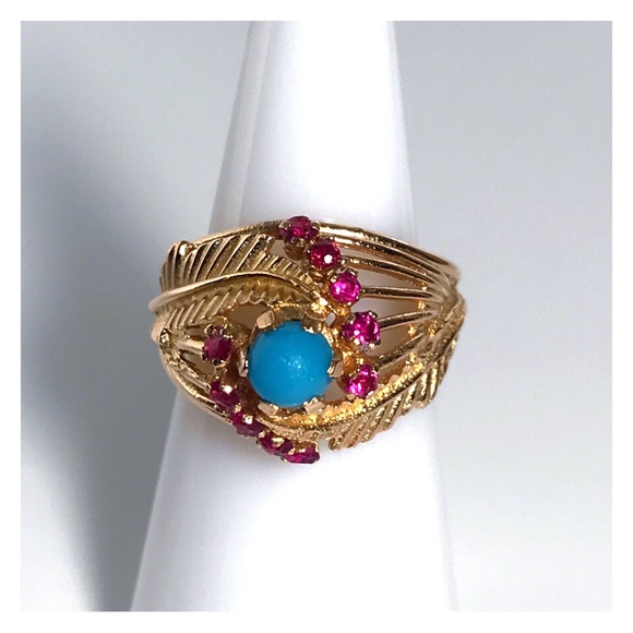 18KT SOLID GOLD ANTIQUE TURQUOISE & RUBY RING - 7.65 GRAMS!! - Picture 2 of 13